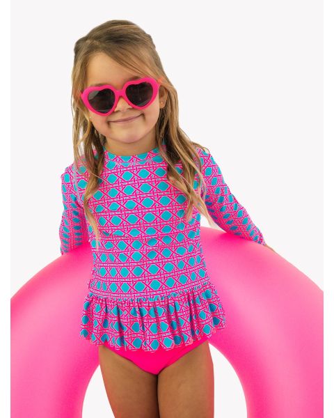 Neon Sorbet Cane Scallop Hem Long Sleeve Rash Guard 2-Piece, with Signature Rear Ruffles