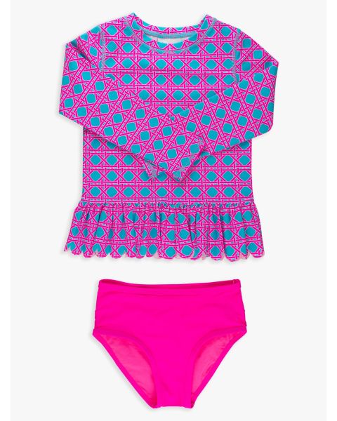 Neon Sorbet Cane Scallop Hem Long Sleeve Rash Guard 2-Piece, with Signature Rear Ruffles