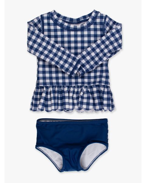 Navy & White Gingham Scallop Hem Long Sleeve Rash Guard 2-Piece, with Signature Rear Ruffles
