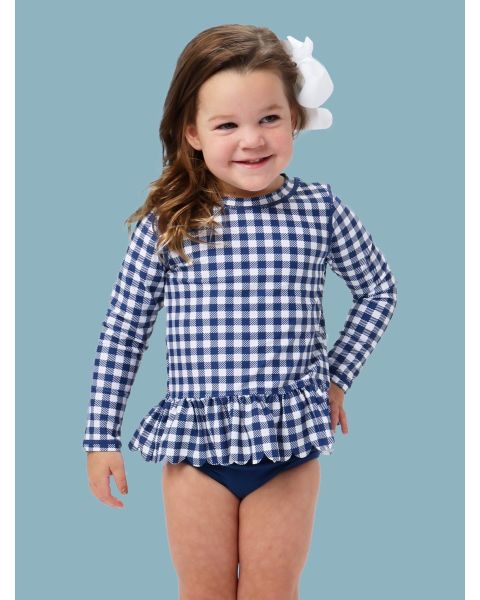 Navy & White Gingham Scallop Hem Long Sleeve Rash Guard 2-Piece, with Signature Rear Ruffles