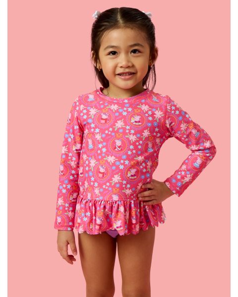 Dress Up Peppa Pig Scallop Hem Long Sleeve Rash Guard 2-Piece, with Signature Rear Ruffles