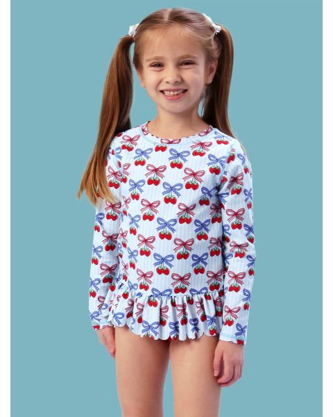 Berries & Bows Scallop Hem Long Sleeve Rash Guard 2-Piece, with Signature Rear Ruffles