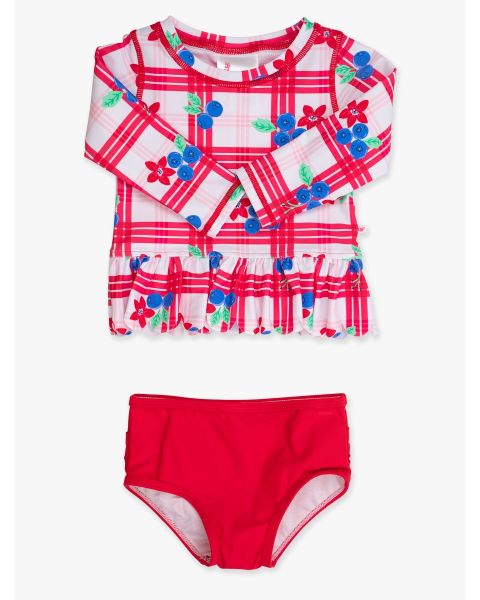 Red, White, & Blueberry Scallop Hem Long Sleeve Rash Guard 2-Piece, with Signature Rear Ruffles