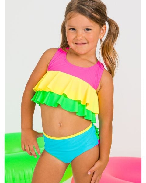 Neon Color Block Flounce Bikini 2-Piece Swimsuit, with Signature Rear Ruffles