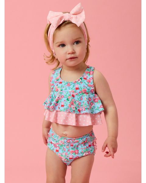 Blue Floral Peppa Pig Flounce Bikini 2-Piece Swimsuit, with Signature Rear Ruffles