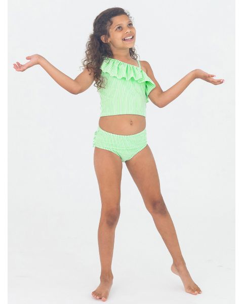 Spring Green Seersucker One Shoulder Ruffle Tankini