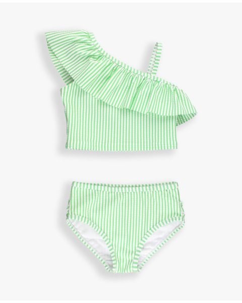 Spring Green Seersucker One Shoulder Ruffle Tankini