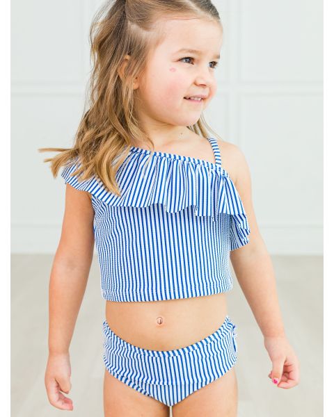 Blue Seersucker One Shoulder Ruffle Tankini 2-Piece Swimsuit, with Signature Rear Ruffles