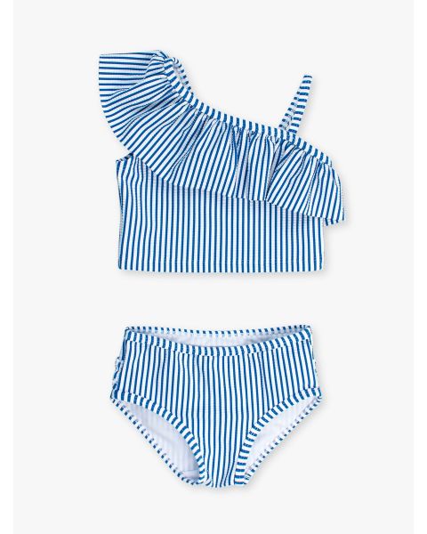 Blue Seersucker One Shoulder Ruffle Tankini 2-Piece Swimsuit, with Signature Rear Ruffles