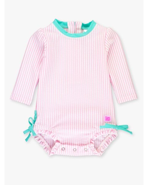 Pink Seersucker Long Sleeve One Piece Rash Guard