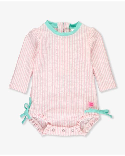 Pink Seersucker Long Sleeve One Piece Rash Guard - 3-6m