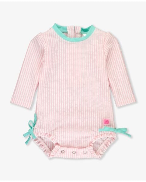 Pink Seersucker Long Sleeve One Piece Rash Guard