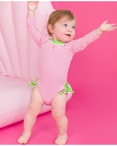 Hot Pink Seersucker Long Sleeve One Piece Rash Guard