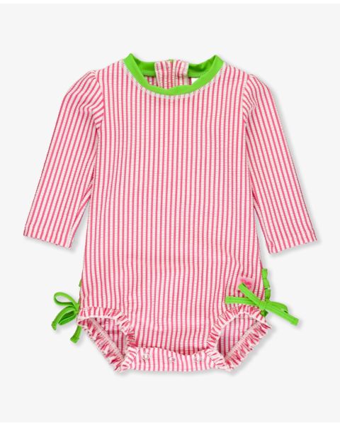 Hot Pink Seersucker Long Sleeve One Piece Rash Guard