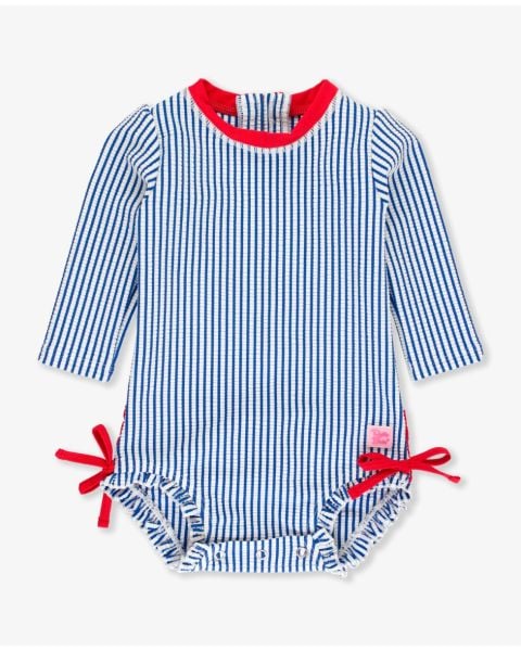 Blue Seersucker Long Sleeve One Piece Rash Guard