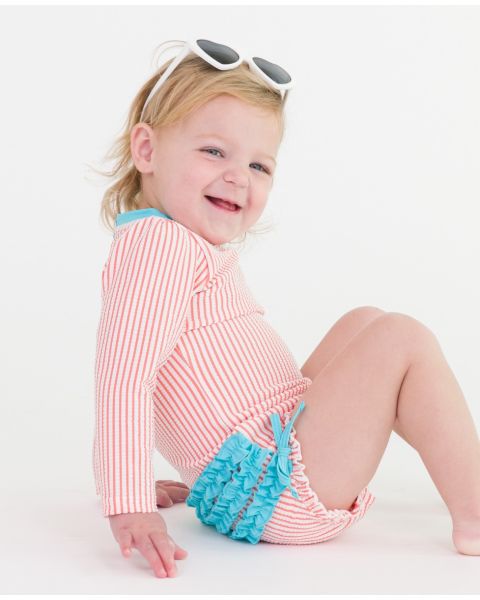 Coral Seersucker Long Sleeve One Piece Rash Guard