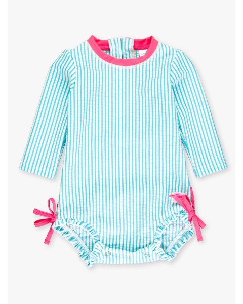Bright Aqua Seersucker Long Sleeve One Piece Rash Guard