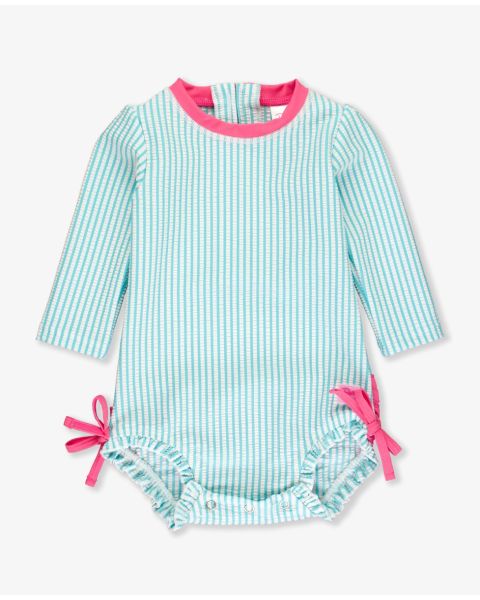 Bright Aqua Seersucker Long Sleeve One Piece Rash Guard