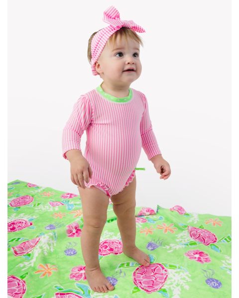 Neon Pink Seersucker Seersucker Long Sleeve One Piece Rash Guard Swimsuit, with Signature Rear Ruffles