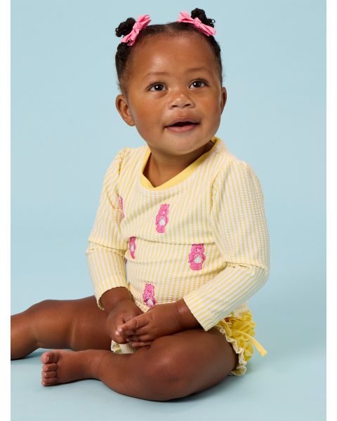 Banana Seersucker Cheer Bear Care Bears Seersucker Long Sleeve One Piece Rash Guard Swimsuit, with Signature Rear Ruffles