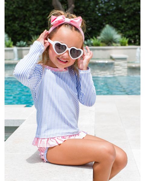 Periwinkle Blue Seersucker Long Sleeve Rash Guard Bikini