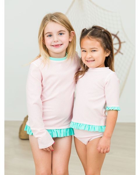 Pink Seersucker Long Sleeve Rash Guard Bikini