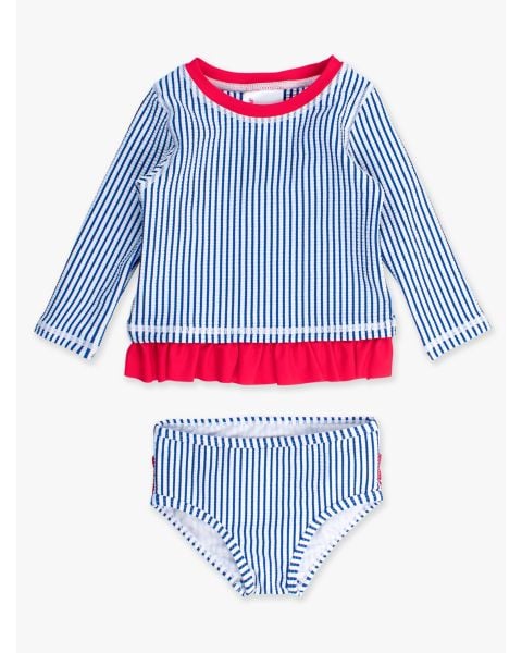 Blue Seersucker Long Sleeve Rash Guard Bikini Swimsuit