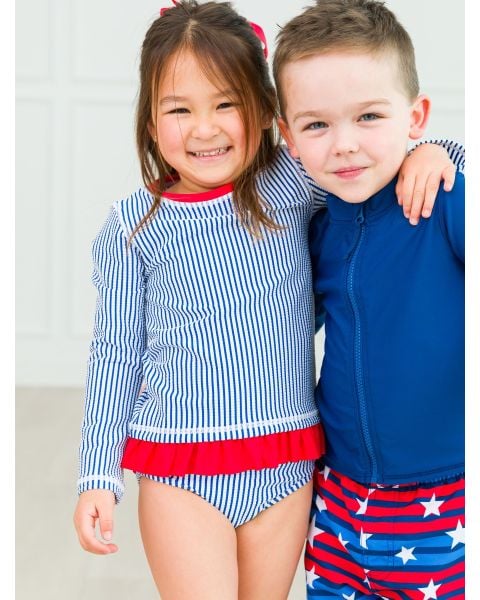 Blue Seersucker Long Sleeve Rash Guard Bikini Swimsuit