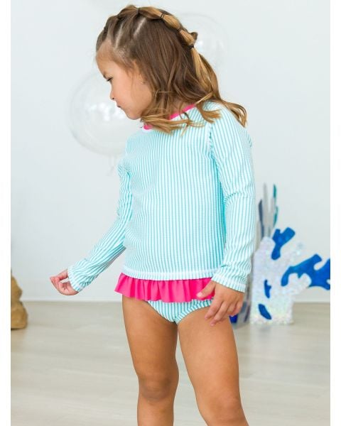 Bright Aqua Seersucker Long Sleeve Rash Guard Bikini
