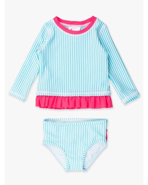 Bright Aqua Seersucker Long Sleeve Rash Guard Bikini