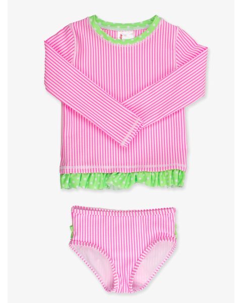 Neon Pink Seersucker Seersucker Long Sleeve Rash Guard 2-Piece Swimsuit, with Signature Rear Ruffles