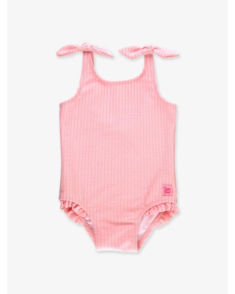 Pink Seersucker Tie Shoulder One Piece Swimsuit