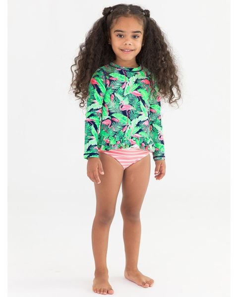 Flamingo Frenzy Ruffle Hem Rash Guard 2-Piece
