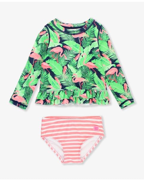 Flamingo Frenzy Ruffle Hem Rash Guard 2-Piece
