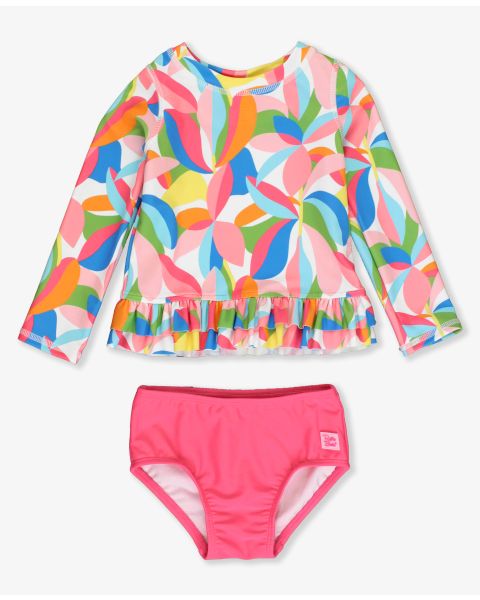 Tropical Adventure Long Sleeve Ruffle Hem Rash Guard 2-Piece