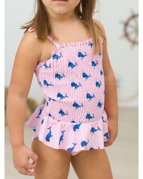 Pink Whale Friends Peplum Smocked Bodice One Piece
