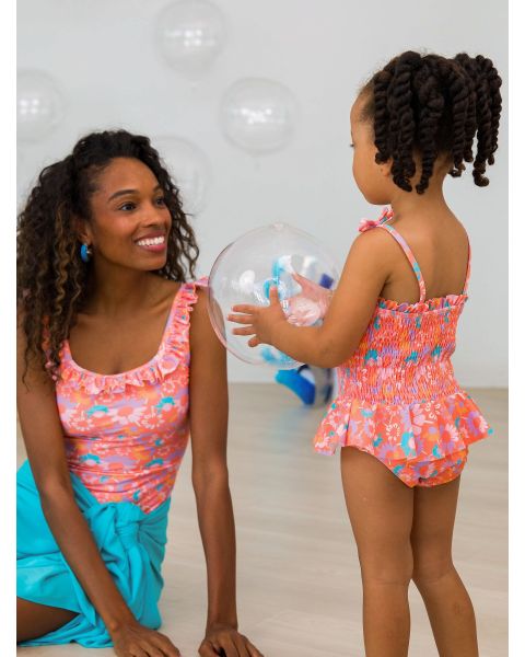 Coral Floral Peplum Smocked Bodice One Piece