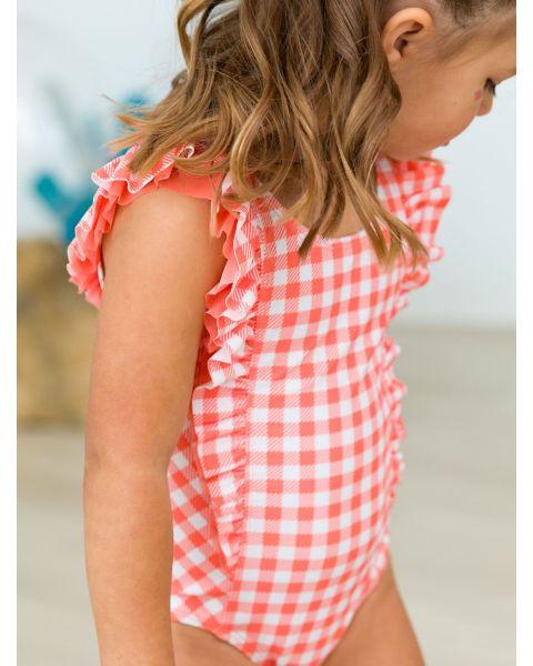 Coral Gingham Waterfall One Piece