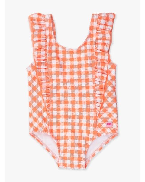 Coral Gingham Waterfall One Piece