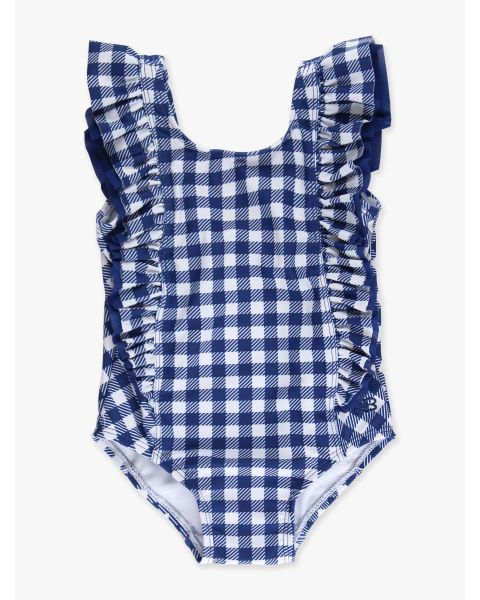 Navy & White Gingham Waterfall One Piece Swimsuit