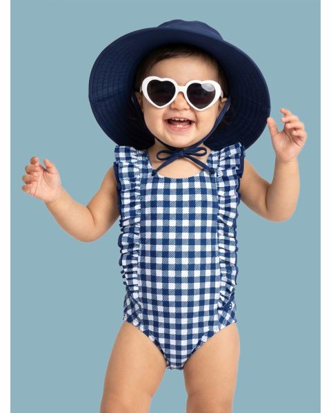 Navy & White Gingham Waterfall One Piece Swimsuit