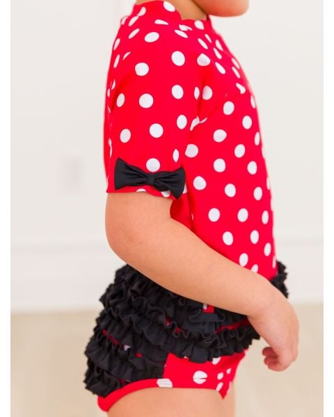 Red Vintage Polka Dot Classic Bow Short Sleeve Rash Guard Bikini