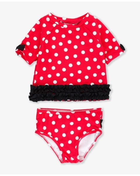 Red Vintage Polka Dot Classic Bow Short Sleeve Rash Guard Bikini