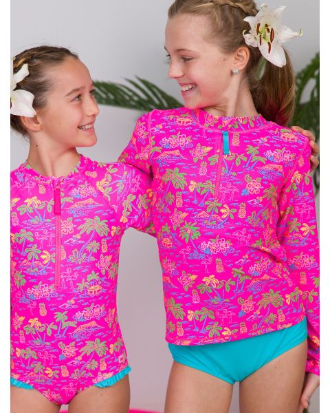 Neon Island Time Girls Long Sleeve Zipper Rash Guard 2-Piece
