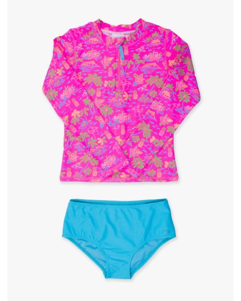 Neon Island Time Girls Long Sleeve Zipper Rash Guard 2-Piece