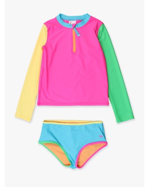 Neon Color Block Girls Long Sleeve Zipper Rash Guard 2-Piece