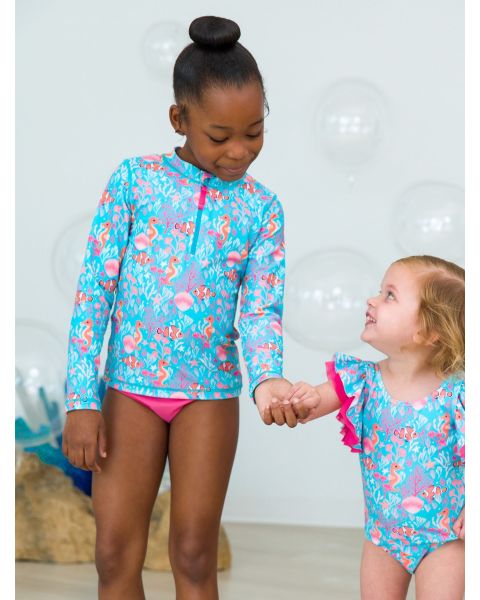 Ocean Tides Girls Long Sleeve Zipper Rash Guard 2-Piece