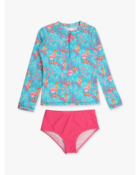 Ocean Tides Girls Long Sleeve Zipper Rash Guard 2-Piece