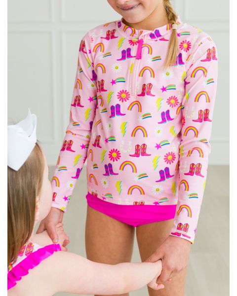 Cowgirl Cutie Girls Long Sleeve Zipper Rash Guard 2-Piece