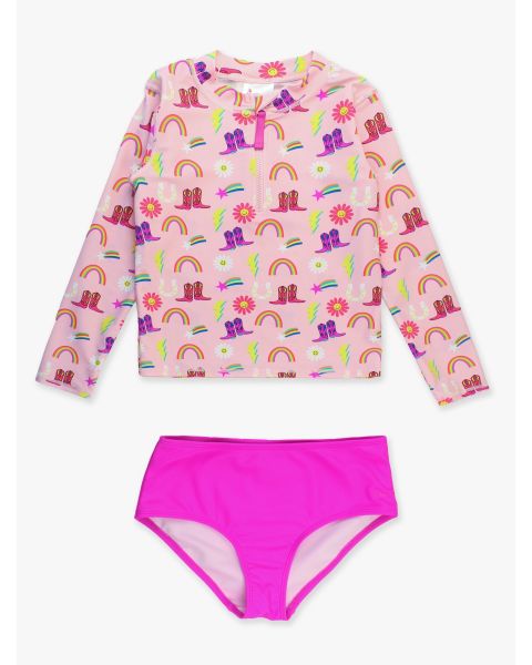 Cowgirl Cutie Girls Long Sleeve Zipper Rash Guard 2-Piece
